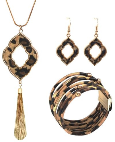 Bcenoilua Juegos de Joyas Bohemias para Mujeres, Pulseras de Cuero Leopardo Multicapa Collar Colgante Pendientes Vintage Joyas con Conjunto