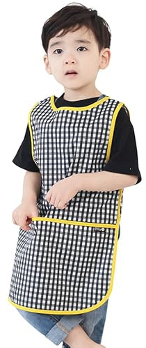 Plie Kids Painting Apron – Waterproof Art Smock for Toddlers & Preschoolers, Messy Play, Baking, Crafts, Cooking, Sensory Activities, Mealtime (Ages 1–10), Black Check (33-L)