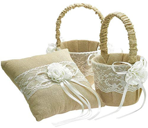 EinsSein Ringkissen + 2 Streukörbchen Set Jute Flower 20x20 cm | Vintage Hochzeitskissen für Eheringe Traukissen | Trauringkissen & Blumenkörbchen Deko Herzen zur Trauung
