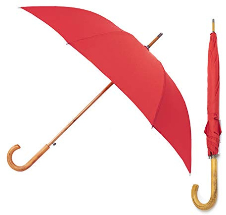 Windproof Umbrella | Mens Walking Stick Umbrella | Gentleman's Wooden Handle Automatic Umbrellas | Ladies Large Strong Wind Resistant Brolly | Traditional Umbrella (Red)