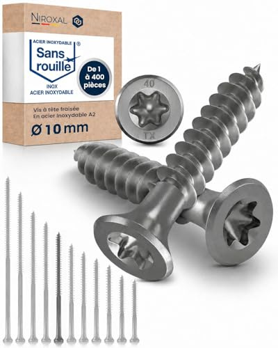 Träskruv i Rostfritt Stål A2, Försänkt Huvud, Torx TX40, Delgängad, 10 x 180 mm, 10 st, Universalskruv för Trä