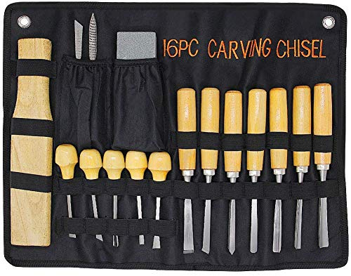 Lulu Home Wood Carving Tools, 16PCS Professional Carving Knife Tool Set for Woodworking Premium Wood Handle with Chisel Gouge Whetstones