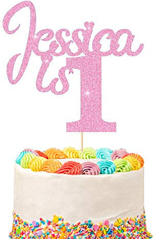 1st Birthday Cake Topper | Personalised 1 2 3 Cake Topper | Happy Birthday Decorations | Double Sided Glitter Card Any Name Age Customized - Multicolour Glitter Cake Decoration(Baby Pink)