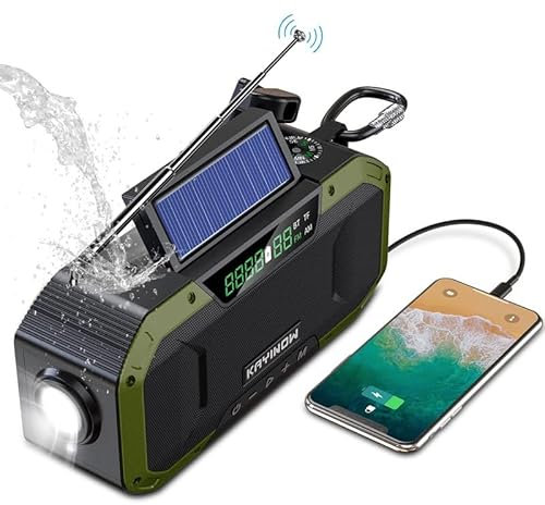 KAYINOW Solar Kurbelradio-Bluetooth Lautsprecher HandyLadefunktion, IPX5 wasserdichtes tragbare klein Kurbelradio, Notfall AM FM tragbar, 5000mAh Akku, Camping, Outdoor, Taschenlampe, SOS, Kompass
