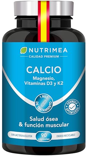 Calcio + Magnesio con Vitaminas D3 y K2 - Huesos y Músculos - Salud Dental - Fórmula Completa - 90 Cápsulas Veganas - Nutrimea