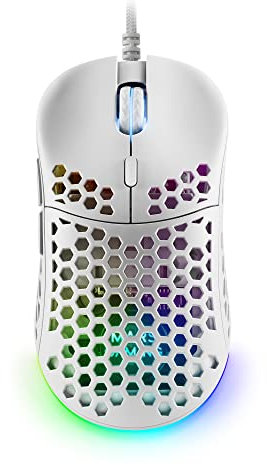 Mars Gaming MM55, Ratón Gaming RGB Chroma, Ultra-Ligero 55g, Sensor Óptico 12800 dpi, Switches Mecánicos Programables HUANO, Cable Paracord, Blanco