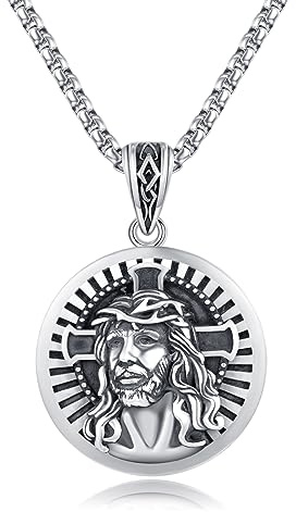 XIXLES Jésus Christ Collier Argent Sterling 925 Chrétien Jésus Pendentif Jésus Prière Pièce Médaillon Collier Protection Médaille Amulette Religieux Bijoux Cadeau pour Hommes Femmes
