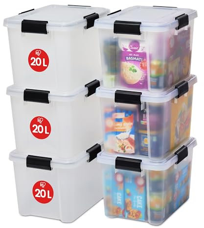 Iris Ohyama Luftdichte Kunststoff-Aufbewahrungsboxen mit Deckel, 20L, 6er-Set, Transparent, Hermetischer wasserdichter Verschluss, Robuste Schnappverschlüsse, Stapelbar, Staubschutz, BPA-frei, AT-SD