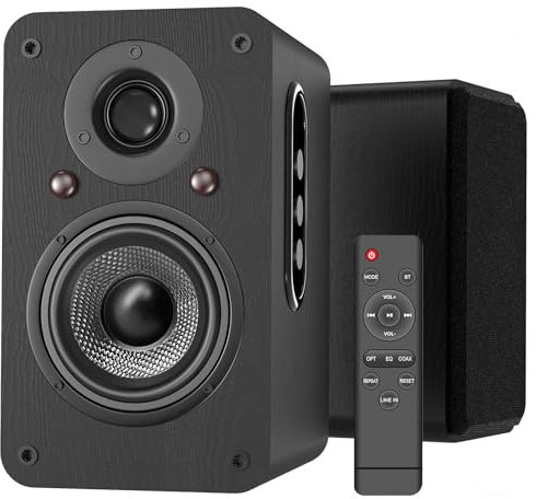 LONPOO Aktiv Regal-Lautsprecher Paar,100W RMS Aktivlautsprecher mit 4-Zoll Kohlefaser-Tieftöner, Bluetooth 5.3, HDM ARC, Optisch, Koaxial, USB, AUX-IN, Fernbedienung (LP42X-Schwarz)