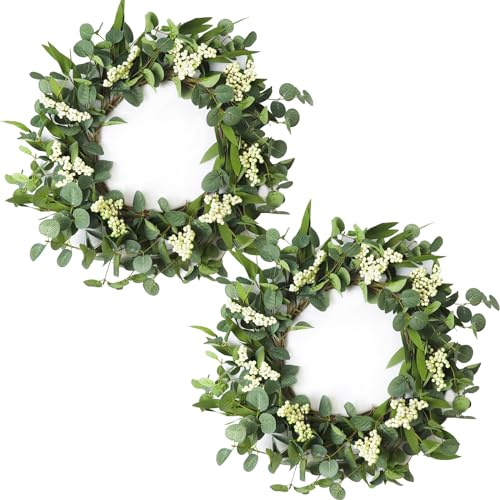 FENYUAN Wreaths for Front Door, 20 Artificial Eucalyptus Wreath with White Berry for Front Door Window Porch Wedding Farmhouse Garden Party Wedding Decor Spring Summer - Indoor/Outdoor 2 Pack
