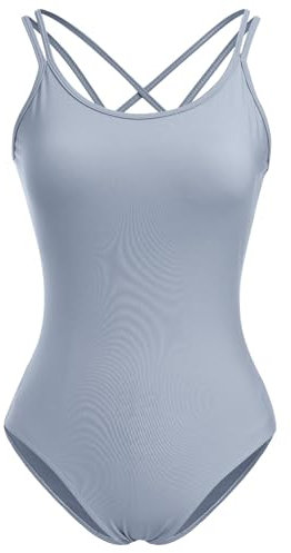 IMEKIS Damen Ballettanzug Ärmellos Ballett Tanztrikot Crisscross Rückenfrei Gymnastik Tanzbekleidung Einteilig Tanz Bodysuit Top mit BH-Polster Grau M