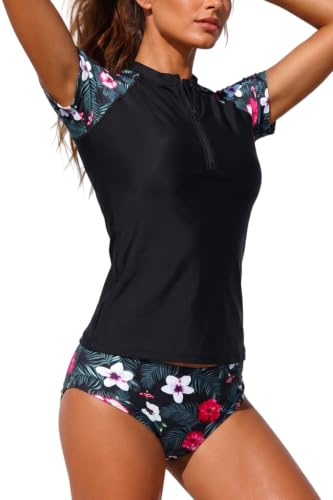 Holipick Black Floral Two Piece Short Sleeved Rash Guard Cap Sleeve Bathing Suit Zipper Swimsuit Bulid in Bra Swim Shirt Women L