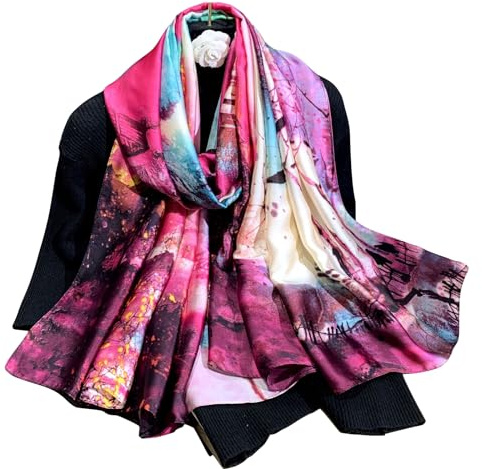 LANKEE Foulard en soie pour femmes châle bleu tachetée Silk Scarf Women Shawl Stain Neckerchief Head Wrap Thin Scarf Beach Shawl Vintage Bridal Chiffon Muslim Colorful Cloth Belt (Peinture Violette)
