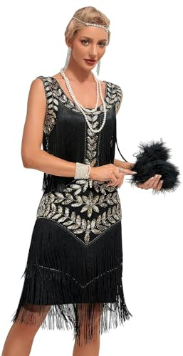 Viloree Vestido con Flecos y Lentejuelas con Cuello en V de los años 20 y Accesorios de los años 20