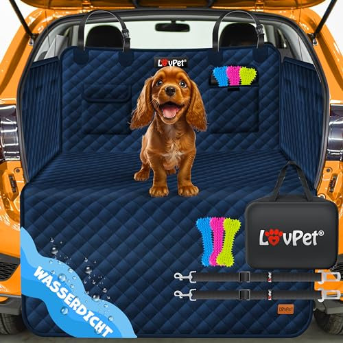 Lovpet Kofferraumschutz mit Seiten- und Ladekantenschutz Hundedecke für Auto-Rückbank mit Sichtfenster & Zubehör Hunde-Autodecke Premium - Wasserdicht Kratzfest & Universal einsetzbar Navyblau