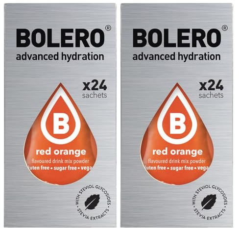 Generico Set Bolero Drink da 48 Bustine 3 grammi Red Orange (arancia rossa) 3 gr Gusti Diversi alla Frutta Preparato Polvere Solubile Bevanda Fresca in Acqua,144 grammi dolcificato stevia,0.14 kg