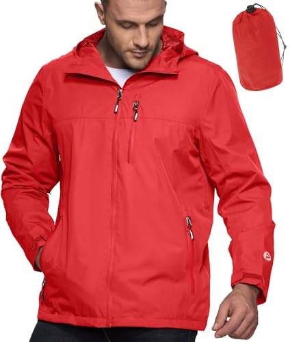 Outdoor Ventures Regnjacka för män, vattentät, ventilerande, cykeljacka, packbar, utomhusjacka, lätt vindjacka med huva, röd, L