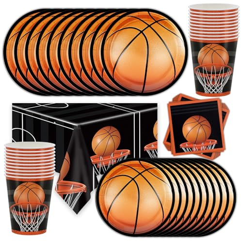Shamoparty Set di Stoviglie per Feste da Basket, 61 pe, Tema Sportivo-Decorazione per Tavolo da Pranzo,set di Stoviglie per Compleanno per Bambini, Include Piatti da 7, tazze,Tovaglia,Tovagliolo