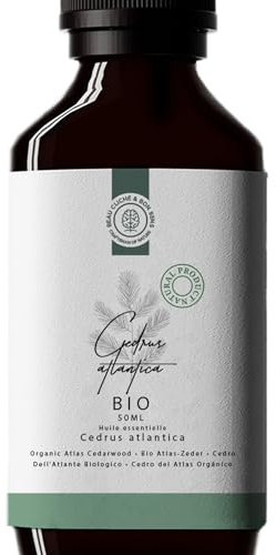 50ml Huile essentielle de Cèdre de l'Atlas BIO (Cedrus atlantica) - 100% Pure, Naturelle et Biologique - Parfum authentique de Cèdre pour Diffuseur, Cosmétique DIY, Savon, etc.