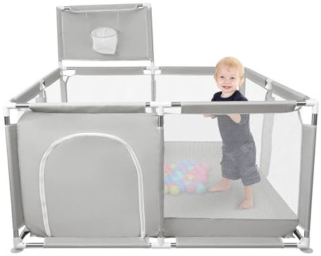 OHMG 180 x 120 cm, parque infantil, gran parque de bebé, con barreras, parque de bebé de tela Oxford, parque de juegos de bebé para apartamento, baloncesto rack, 50 bolas, 4 anillos (gris claro, 126 x