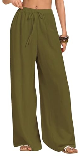 Neteson Pantaloni Lino Donna Estivi Leggeri Pantaloni Larghi Elastica Vita Alta Elegante Casual Pantaloni Spiaggia Gamba Larga con Tasca