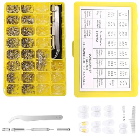 Glasses Repair Kit 1000 PCS Spectacles Repair Kit with Screws and Screwdriver, Tweezer, Silicone Nose Pads and Cleaning Cloth, Complete Eyeglass Sunglass Assorted Screws Repair Tool Kit 32 Grids