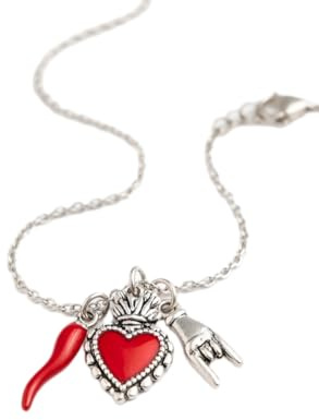 OUTLETISSIMO® Collana Portafortuna con Ciondoli Cornetto, Cuore e Mano Corna, 35-39 cm Stile Vintage ET246
