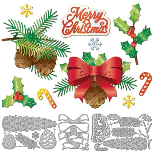 GLOBLELAND Troqueles de Corte de Metal Feliz Navidad Troqueles de Corte de Manzanas de Pino Nudos de Acebo Patrones de Grabado para Scrapbooking la Fabricación de Tarjetas de Papel