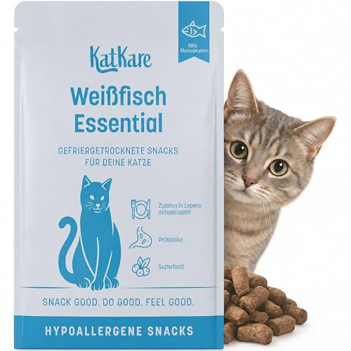 KatKare Snack per gatti ipoallergenici e liofilizzati per gatti sensibili – monoproteina gatti senza cereali, senza additivi, fonte di proteine monoproteine – pesce bianco Essential – 30 g