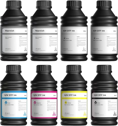 GEVANCY UV DTF Ink 8x500ml (CMYKWW+VV Hard Gloss Varnish) – Fast-Drying UV Curable Ink for PET A/B Film Transfer, Compatible with XP600, TX800, i3200, L805, 1390, DX5/DX6/DX7, i1600, DX10