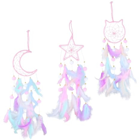 Culinavog 3 pezzi Acchiappasogni con sensore di piume, acchiappasogni a forma di luna, gatto e stella, 56cm acchiappa sogni con Pizzo Intrecciato per Casa Camera Parete Appeso Ornamento Artigianato