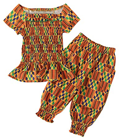 Generisch Survêtement pour fille - Survêtement de sport pour enfant - 16 ans - Pantalon bébé - Style enfant - T-shirt - Dashiki - Ensemble fille - Bohème africain - Tenues et ensemble, jaune, 5-6 ans