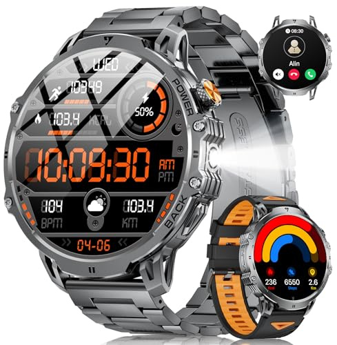 DREMAC 2026 Smartwatch Herren Militär-1.85'' HD Große Display/1000mAh Akku,Smartwatch mit Taschenlampe/110+ Sportmodis/2 Bander/IP68,Fitness Tracker mit Puls/SpO2/Schlafmonitor,Android iOS