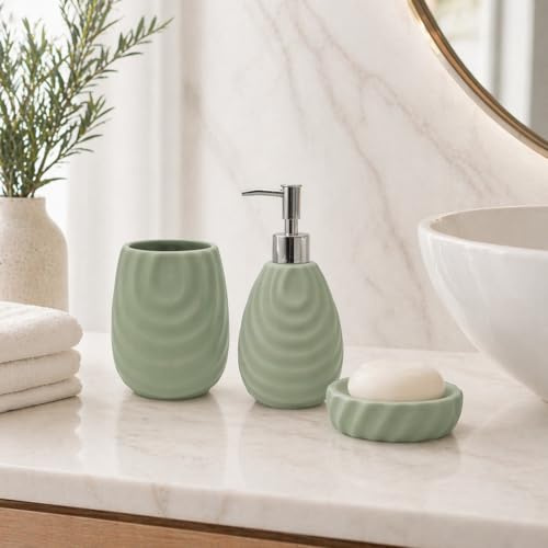 Virtime Set Accessori Bagno 3 Pezzi in Ceramica Lucida Modello Incas, Dispenser Sapone Liquido, Porta Spazzolini e Porta Saponetta (verde)