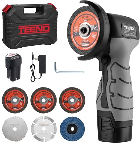 TEENO Mini Amoladora Angular Inalámbrica 16,8V, Radial de Batería 76 mm 19.500 RPM, Kit con 2 Baterías 2000 mAh, Cargador, 6 Discos y Maletín, para Cortar, Lijar y Pulir