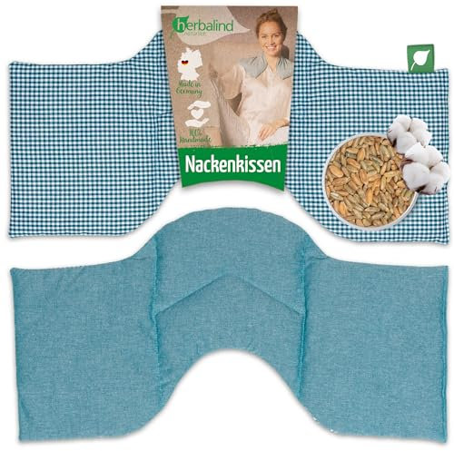 HERBALIND 4-Kammer Wärmekissen Körnerkissen Schulter Nacken 50x20 cm in Karo/petrol - 100% Baumwolle - Getreidekissen mit Bio Roggen- und Weizen Füllung für Mikrowelle - Geschenk für Männer
