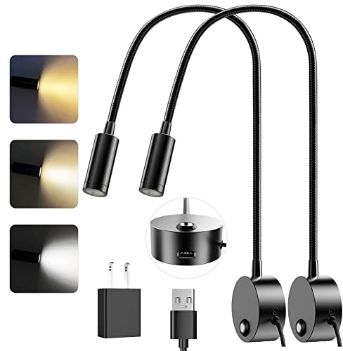 Wall Mounted LED Reading Light with 15 Flexible Gooseneck, Dimmable Book Light for Reading In Bed with USB Charging Port, Plug In Headboard Night Lights, 3 Colors Temperature, Touch Control-2 Pack