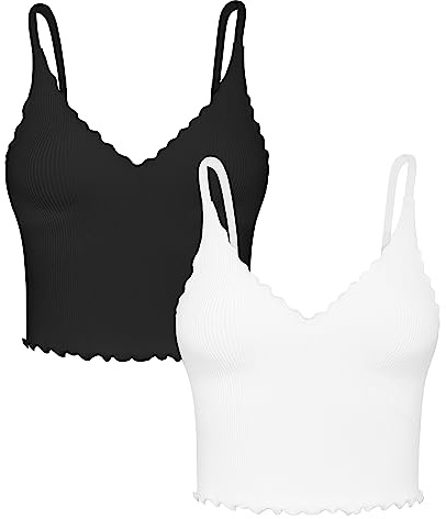 Sunzel Tank Top for Women, V Neck Cropped Seamless Ribbed Camisole with Ruffles for Workout Yoga Lounge (Black&White M-L)