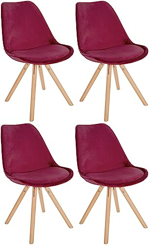 CLP Set De 4 Butacas De Salón Sofia con Respaldo & Tapizadas En Terciopelo I Sillas De Cocina con Base De Madera, Color:Burdeos, Color del Marco:Natura (Redondo)
