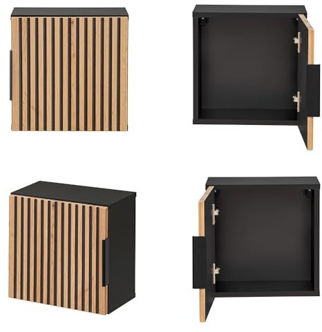 Lomadox Badezimmer Hängeschrank 35x35 cm Wandschrank Badschrank 1 Tür quadratisch Würfel anthrazit mit Eiche Nb. Schwarze Rillen, 35x35x22 cm