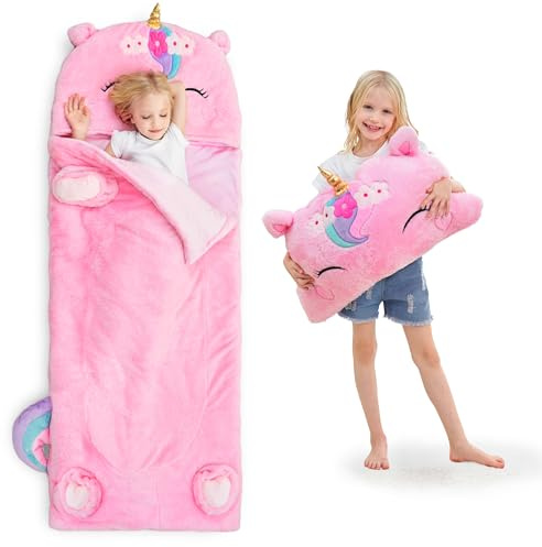 Kids Unicorn Sleeping Bag, Toddler Girl Nap Mat, Plush Slumber Bag, 2 In 1 Pink Pillow for Daycare Preschool Kindergarten Christmas Winter Gift Travel Camping Ages 3 4 5 6 7 8 Child Teen