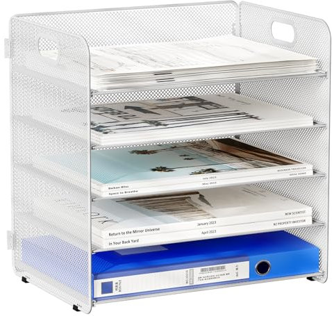 EasyPAG 5 Fächer A4 Metall Büro Schreibtisch Organizer Dokumentenhalter Aktenablage Zeitschriftenhalter Briefablage Papier Magazin Organisator,Weiß