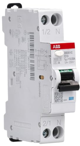 ABB DS301C C13 A30 RCBO – FI/LS-Schalter 13 A, 30 mA, 6 kA, C-Charakteristik, Typ A, 1P+N, 1 Teilungseinheit, Kombischalter für Hutschiene 2CSR255163R1134