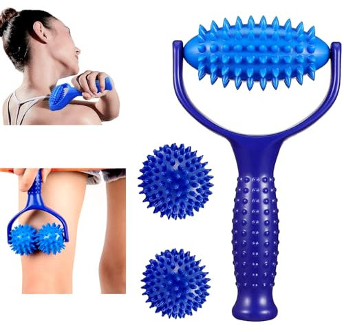 WAVATA 3 StüCke MassagebäLle Massage Roller, Massageroller mit Noppen, Massageroller RüCken, Igelball FußMassage, Massageroller mit Griff, für Beine RüCken Arme Schultern Muskelschmerzen(Blau)