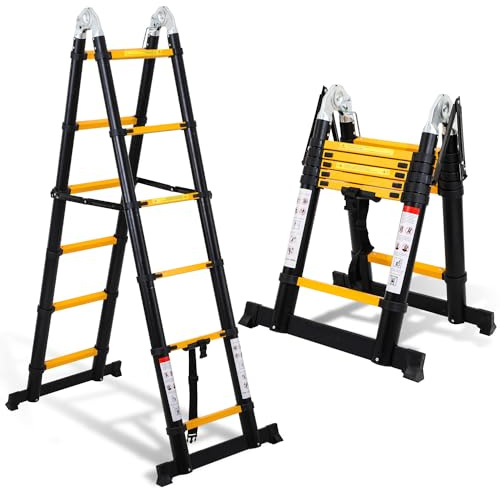 Yakimz Teleskopstege aluminium 3,8 m (1,9 m 1,9 m) vikbar stege med stabilisatorer teleskop utdragbar stege, halkfri utdragbar aluminiumledare, lastkapacitet på 150 kg, svart-gul
