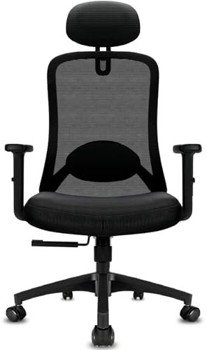 Milacyee Bürostuhl, Ergonomischer Bürostuhl mit Verstellbarer 4D Lendenwirbelstütze, Schreibtischstuhl mit Kopfstütze, Drehstuhl mit 90°-130° Liegefunktion (Abschließbar), Netzstuhl bis 150KG, Schwarz