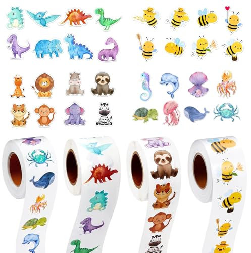 2000 Stück Motivationsaufkleber für Kinder Tier Belohnungsaufkleber Tier Aufkleber 32 Muster Animal Sticker Rolle Runde Aufkleber Kinder Selbstklebende Sticker Tiere Wasserfeste für Mädchen Junge