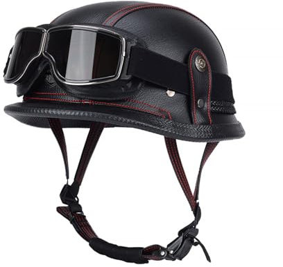 Labzaa Retro Deutsche Lederhelm Halbschalenhelm mit ECE, Jethelm Retro,Vintage Motorradhelm mit Brille für Cruiser Chopper Biker Moped B XL