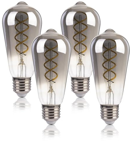 FLSNT E27 Screw Bulb 40W Equivalent, 4W ST58 LED Vintage Light Bulbs, 260LM Edison Screw Bulb, 5000K Daylight Bulbs, Smoke Grey Glass, Non-Dimmable, Pack of 4