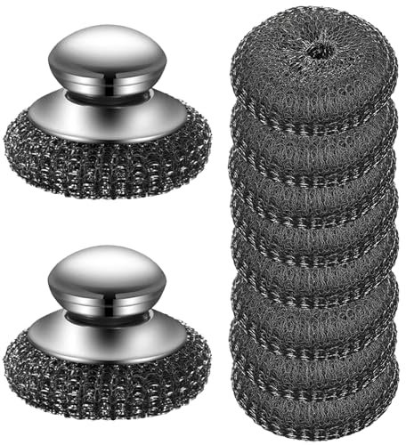 Saijer Estropajo Aluminio，2 Piezas Estropajo Cocina con Mango 8 Piezas Lana de Alambre de Metal Grande Cepillo Limpia Juntas Cepillo Fregar Platos Estropajos de Acero Inoxidable